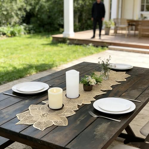 FAVE Gold Table Runners 36 Inches Heat Resistant Table Runner Flower Shaped Vinyl Table Runner Waterproof Washable Table M...
