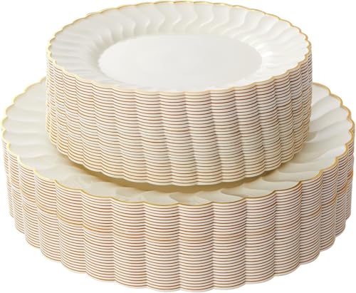 Lullaby 60PCS Ivory Scalloped Plastic Plates with Gold Rim, Disposable Elegant Plates Include 30pcs Dinner Plate 10.25", 3...