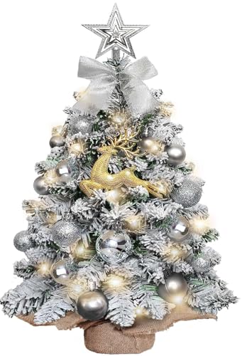Mini Christmas Tree-with Lights,2ft Small Flocked Christmas Tree with 24pcs DIY Decorations,Small Flocked with LED Lights ...