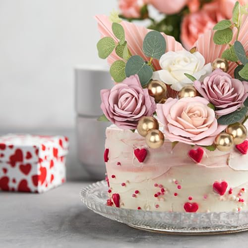 Rsstarxi 22 Pack Rose Artificial Flower Leaves Cake Decorations Gold Balloon Paper Palm Fan Cake Toppers for Happy Mother'...