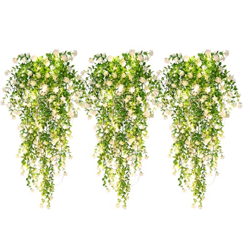 RECUTMS 3 Pcs Hanging Fake Plants Fake Vines Artificial Plants Large Faux Hanging Plant with 30 LED String Light, Artifici...