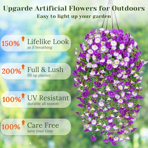 Dolicer 2 Packs Look Real Artificial Flowers for Outdoors, Fake Artificial Hanging Flowers for Outdoors Realistic UV Resis...