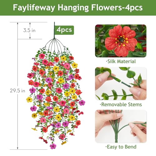 Faylifeway Artificial Hanging Flowers for Outdoors Spring Summer Decoration, 4PCS UV Resistant Silk Fake Hanging Plants fo...
