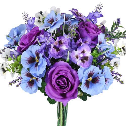 GYWJJ Spring Flowers Artificial for Decoration Silk Roses Bouquet with Pansy Purple Flowers with Stems Fake Flower Arrange...