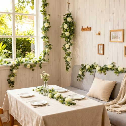 Solivya 2 Pack 5.9 FT Artificial Flower Garland with Lights, Fake Floral Garland with 12 White Roses, White Flower Decorat...