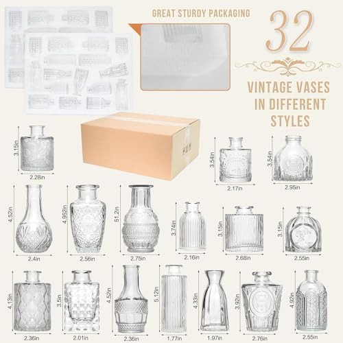Anquephd Glass Bud Vase Set of 32PCS Wedding Centerpieces for Tables,Mini Clear Bud Vases for Flowers,Small Flower Vases S...