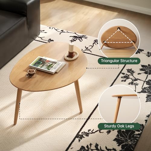 Wayshome Small Oval Coffee Table, 100% Solid Wood Coffee Tables Mid Century Modern Table for Living Room Side Table End Ta...