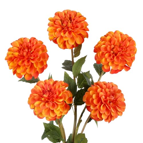 IPOPU 5 Pcs Orange Artificial Dahlia with Stem 27” Silk Dahlia Fake Flower Decor for Tall Vase Living Room Bathroom Weddin...