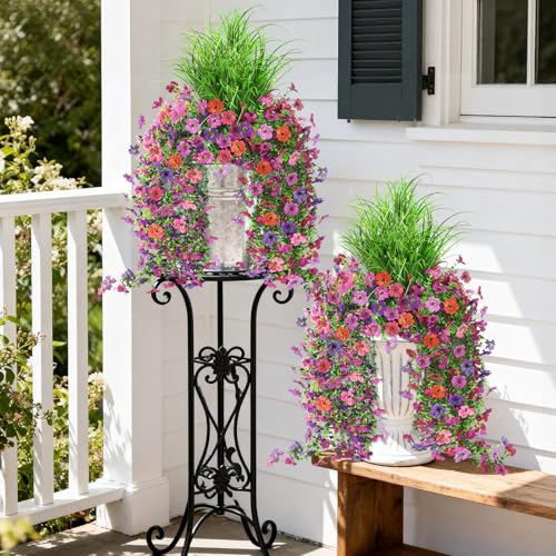 Artificial Hanging Flowers with Wheat Grass for Outdoors, 5 Pcs Fake Hanging Plants for Spring Decor, UV Resistant Faux Si...