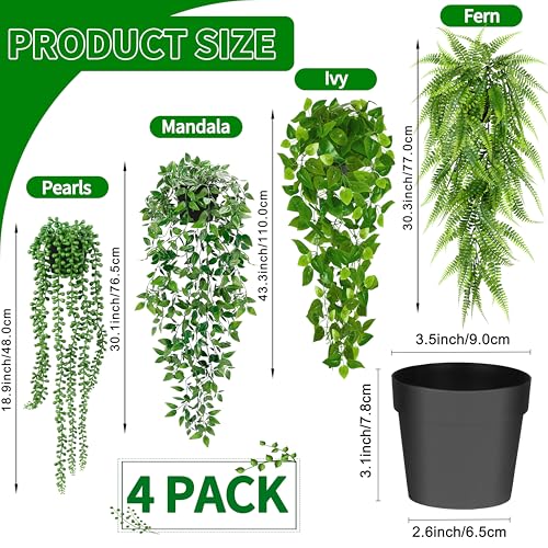 Palonu Artificial Hanging Plants for Shelf, 4 Pack Fake Potted Greenery Plant Faux Mandala Vine, String of Pearls, Ivy Vin...