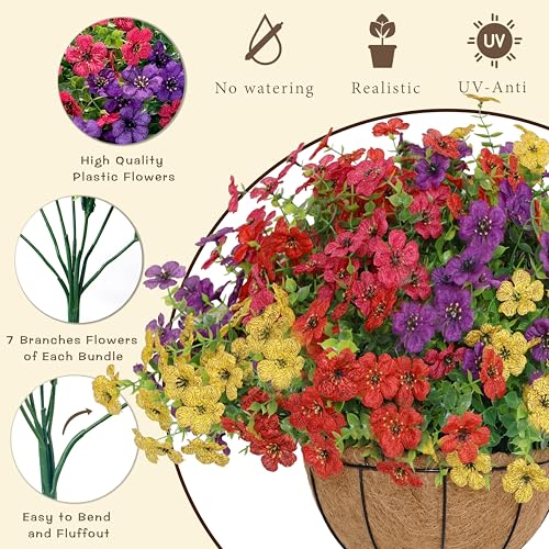 Senjie 2 Set Artificial Hanging Flowers with Basket for Outdoor Decor, UV Resistant 24 Bundles Faux Flowers Fake Hanging P...