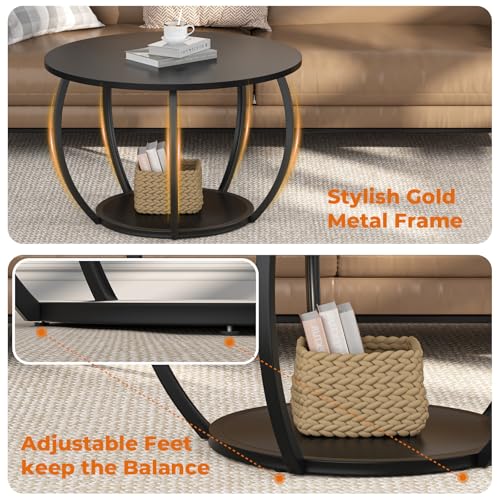 GreenForest Round Coffee Table with 2-Tier Open Storage, 27.6 inch Small Circle Coffee Tables with Adjustable Feet, Modern...