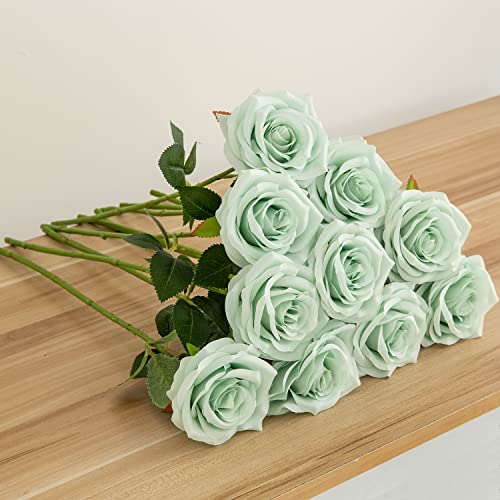 IUKnot Artificial Rose 10pcs Open Flower Bouquet Sage Green Faux Rose Stems for Wedding Arrangement, Bridal Bouquet, Cente...