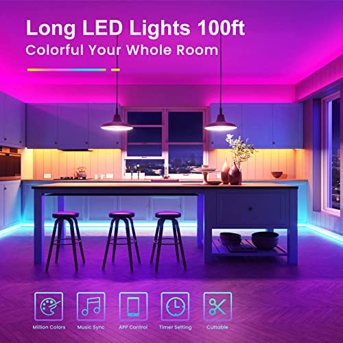 TJOY LED Lights for Bedroom 100ft, RGB Color Changing Led Strip Lighting with Remote and Smart APP Control, Music Sync Rop...