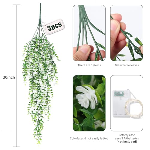 RECUTMS 3 Pcs Hanging Fake Plants Fake Vines Artificial Plants Large Faux Hanging Plant with 30 LED String Light, Artifici...