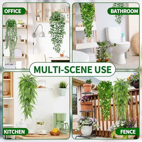 Palonu Artificial Hanging Plants for Shelf, 4 Pack Fake Potted Greenery Plant Faux Mandala Vine, String of Pearls, Ivy Vin...