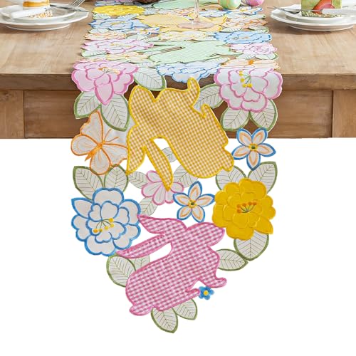Joyfol Day Easter Checkered Bunny Table Runner, Cutwork Embroidered Plaid Rabbits Florals Table Runners, Spring Flowers Bu...