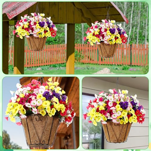 Suncalla 4 Sets Artificial Hanging Flowers with Basket, Faux Silk Colorful Morning Glory Flower Arrangement UV Resistant f...