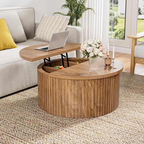 Fsbecl Fluted Lift Top Coffee Table with Hidden Storage, 31.6 Inch Modern Round Coffee Tables for Living Room, Wood Center...