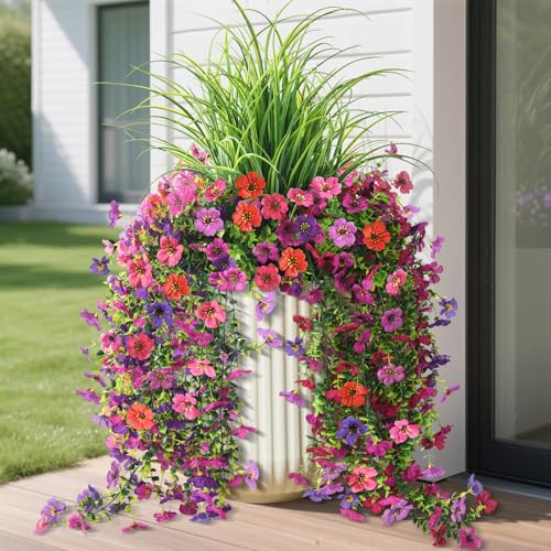 Artificial Hanging Flowers with Wheat Grass for Outdoors, 5 Pcs Fake Hanging Plants for Spring Decor, UV Resistant Faux Si...