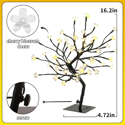 JoyHue 2PK Cherry Blossom Tree Lights,Artificial Bonsai Tree with 48 Warm White Led Lights, 16.2 Inch Prelit Cherry Blosso...