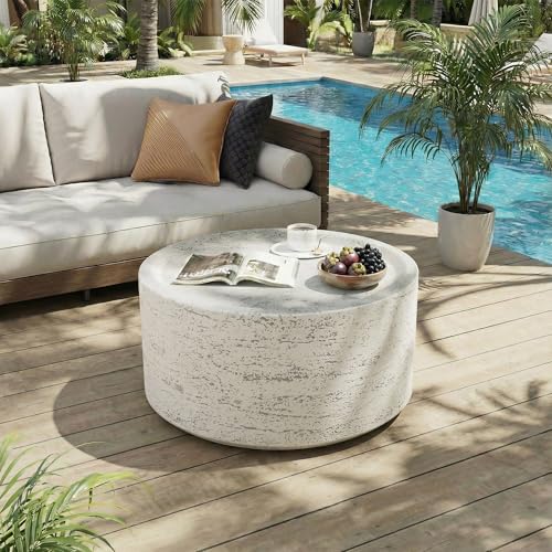 UPHA Modern Round Coffee Tables, Minimalist Accent Luxury Small Faux Stone Coffee Table, Low Light Hollow Concrete Center ...