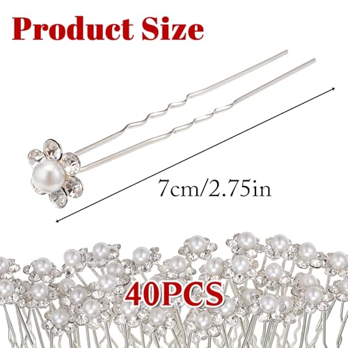 40 Pcs U-pin Metal Hair fork, Silver Pearls Rhinestone Hairpins, Pearl U Shape Rhinestone Flower Hairpins, Bridal Hair Pin...