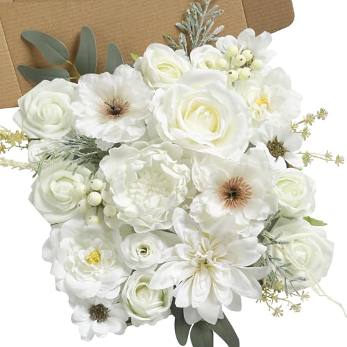 Koroni Flowers Artificial Flowers Combo Box Set White Flowers Silk Fake Roses with Stems for DIY Wedding Bouquets,Floral A...