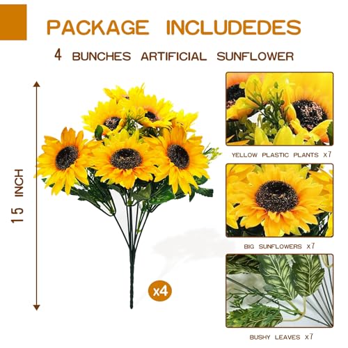 TURNMEON 28Pcs Sunflowers Artificial Flowers for Outdoors Spring Decor, 4 Pack Fake Flowers Silk Faux Sunflower Bouquet Ar...