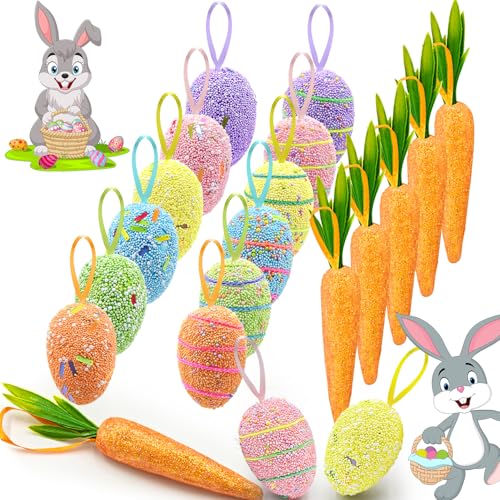 Easter Decorations for Home, 18PCS Easter Ornaments for Tree Colorful Foam Hanging Carrot Eggs Tree Ornaments for Party Ou...