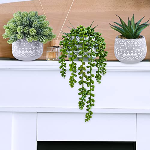 Winlyn 3 Pcs Assorted Small Potted Succulent Plants Artificial Aloe Hops String of Pearls Succulents in Gray Geometric Con...