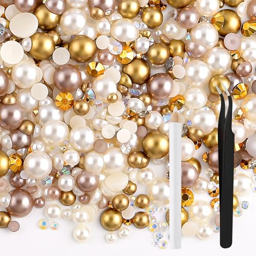 NACHLYNN 60g Mix Pearls and Half Round Rhinestones for Crafts Flatback Rhinestones Mixed Size 3mm-10mm Flatback Pearls for...