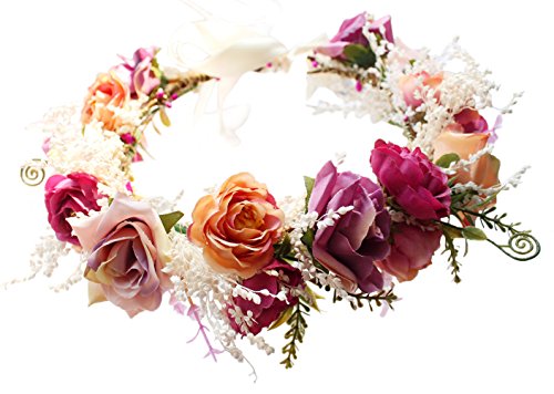 Vivivalue Rose Flower Crown Boho Flower Headband Hair Wreath Floral Headpiece Halo with Ribbon Wedding Party Festival Phot...