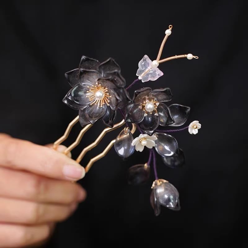 Cayyoomm Black Resin Camellia Hairpin Set with 3 Flowers, Chinese Hanfu Vintage Gothic Hair Stick for Women Metal Hairpin ...