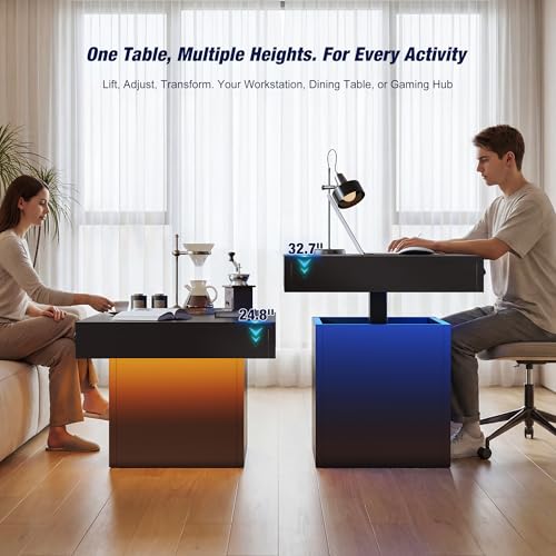 Homkdom 39.4" Electric Lift Top Coffee Table, Adjustable Height Table with Storage & LED Light, Coffee Tables for Living R...