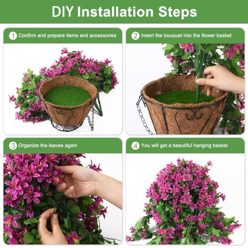 INQCMY Artificial Hanging Flowers in Basket for Spring Summer Outdoor Porch Decoration,UV Resistant Fake Silk Violet in Pl...