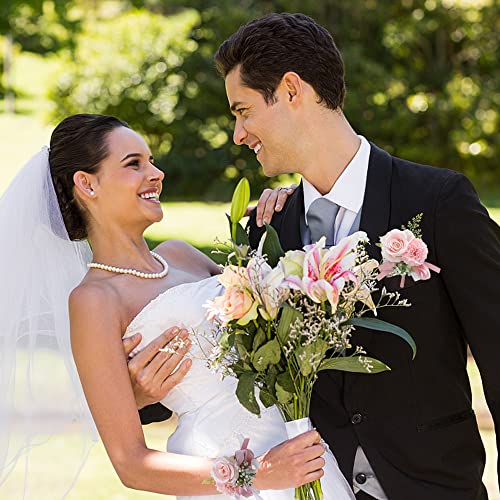 YESKY Wrist Corsage and Boutonniere Set for Bride Groom Bridesmaids Groomsmen Wedding Homecoming Flowers Prom Suit Accesso...