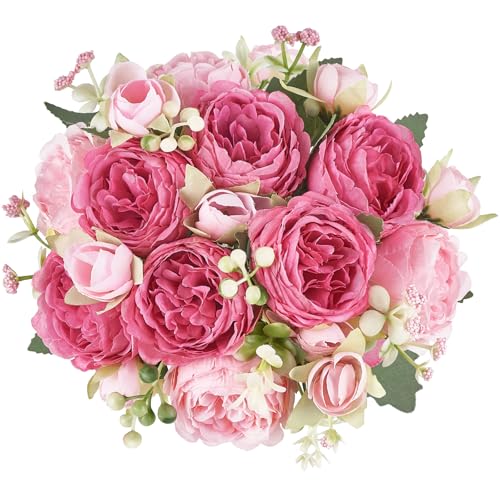 Mkono Peonies Artificial Flowers, Small Silk Flowers for Home Decor Indoor Fake Bouquet Faux Floral Arrangements Dining Ta...