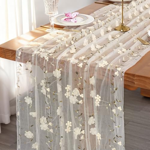 Alynsehom Ivory Gauze Table Runner with White Embroidery 3D Flower 120in 10FT Seasonal Tulle Sheer Table Runners Mesh Lace...