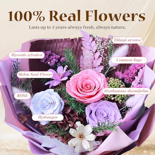Cyrabota Purple Preserved Roses Bouquet with Vase - Real Forever Roses (Last 1-3 Yrs), Preserved Flowers Bouquet Christmas...