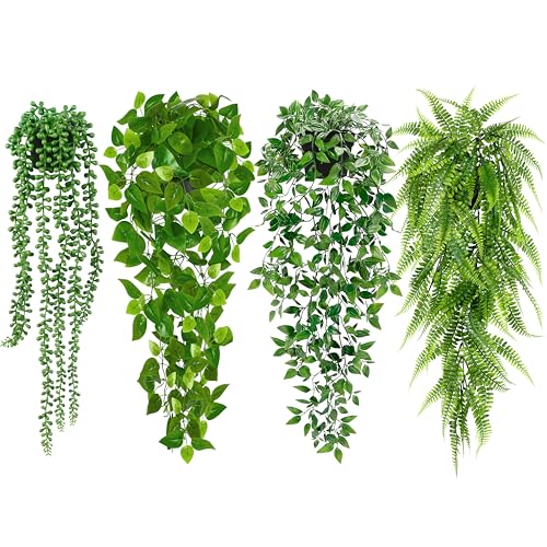 Palonu Artificial Hanging Plants for Shelf, 4 Pack Fake Potted Greenery Plant Faux Mandala Vine, String of Pearls, Ivy Vin...