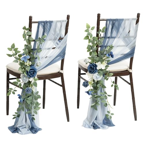 Ling's moment 8pcs Wedding Chair Decorations Aisle Pew Church Artificial Flowers Greenery Swags Dusty Blue & Navy Bench Ce...