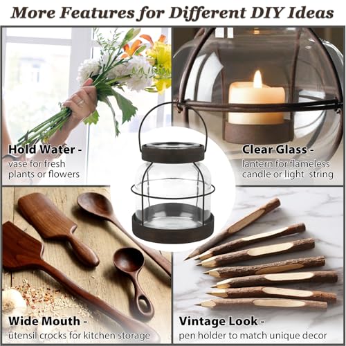 Farmhouse Glass Vase, Vintage Vase for Flowers with Distressed Metal Frame and Handle for Rustic Dining Tables Entryways L...