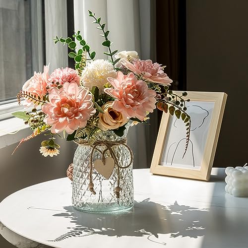 Aubcee Fake Flowers with Vase,Faux Flowers in Vase for Home Decor,Silk Pink Dahlia Artificial Flowers with Vase for Coffee...