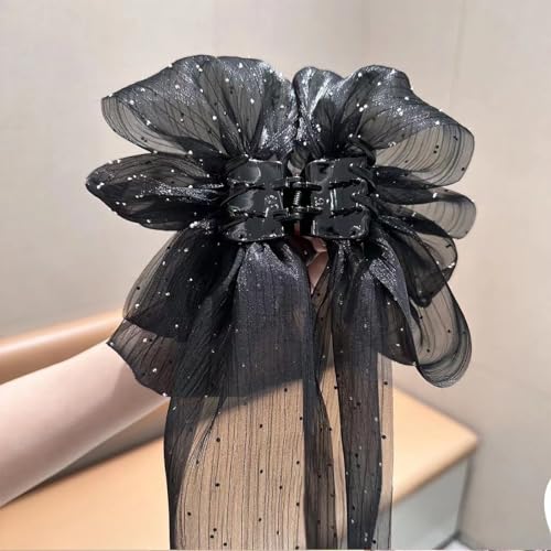 Rannyrena Large Hair Bow for Women Long Satin Silk Knot Hair Claw Clips Lace Black Tulle Hair Barrettes with Pearls Long T...