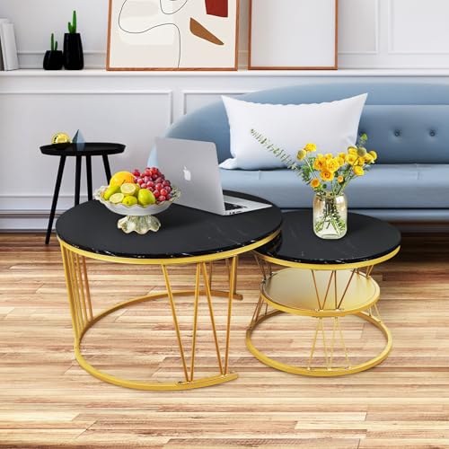 Round Nesting Coffee Tables Set: Black Gold Marble Coffee Table Set of 2 - Modern Metal Stacking Side Table for Living Roo...