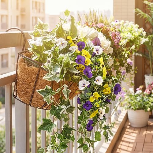 Riceshoot 6 Pcs Artificial Hanging Flowers for Outdoors Fake Hanging Plants for Spring Summer Decoration Realistic UV Resi...