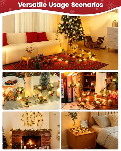 Christmas Garland with Lights,7FT Pinecones Christmas String Lights with Red Berries,Needles,20Led C6 Christmas Lights Bat...