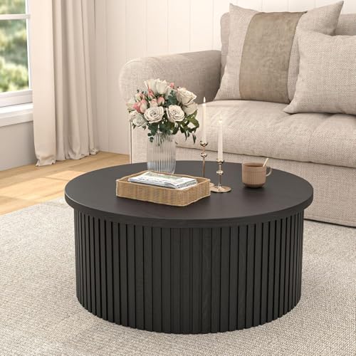 Fsbecl Fluted Lift Top Coffee Table with Hidden Storage, 31.6 Inch Round Coffee Tables for Living Room, Modern Circle Wood...