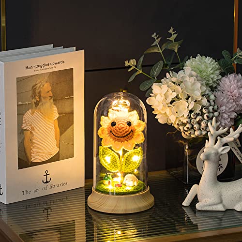 Eternal Sunflower Gifts for Women, Crochet Artificial Sun Flower Decor in Plastic Dome with Led, for Her Mom Mothers Day B...
